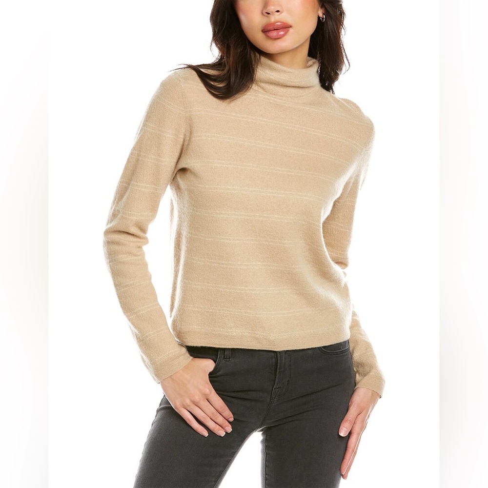 NWT VINCE Stripe Boiled Cashmere Funnel Neck Sweater in Fauna/ Off White